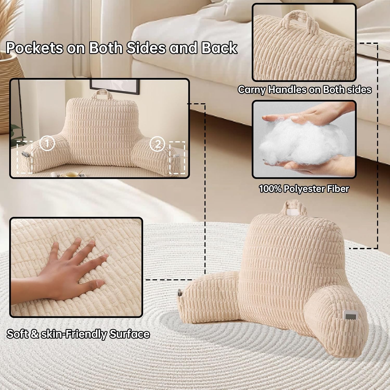 Pajeo Reading Pillow for Sitting in Bed with Arm Rests,100% 7D Fiber Filling Sitting Pillow for Back Support, Oeko-TEX Certified Backrest Pi…