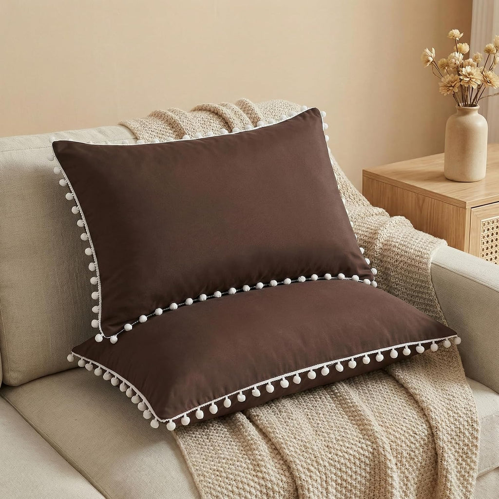 Moveover Chocolate Pom Poms Pillow Cases, Boho Pillowcases Set of 2, 100% Soft Washed Microfiber, Dark Brown Pom Poms Pillow Shams King, 2…
