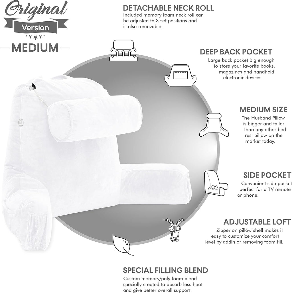 Husband Pillow Medium Reading Pillow with Arms - 23" Backrest for Sitting Up in Bed - Firm Support Bed Rest Pillow for Adults, Neck Roll…