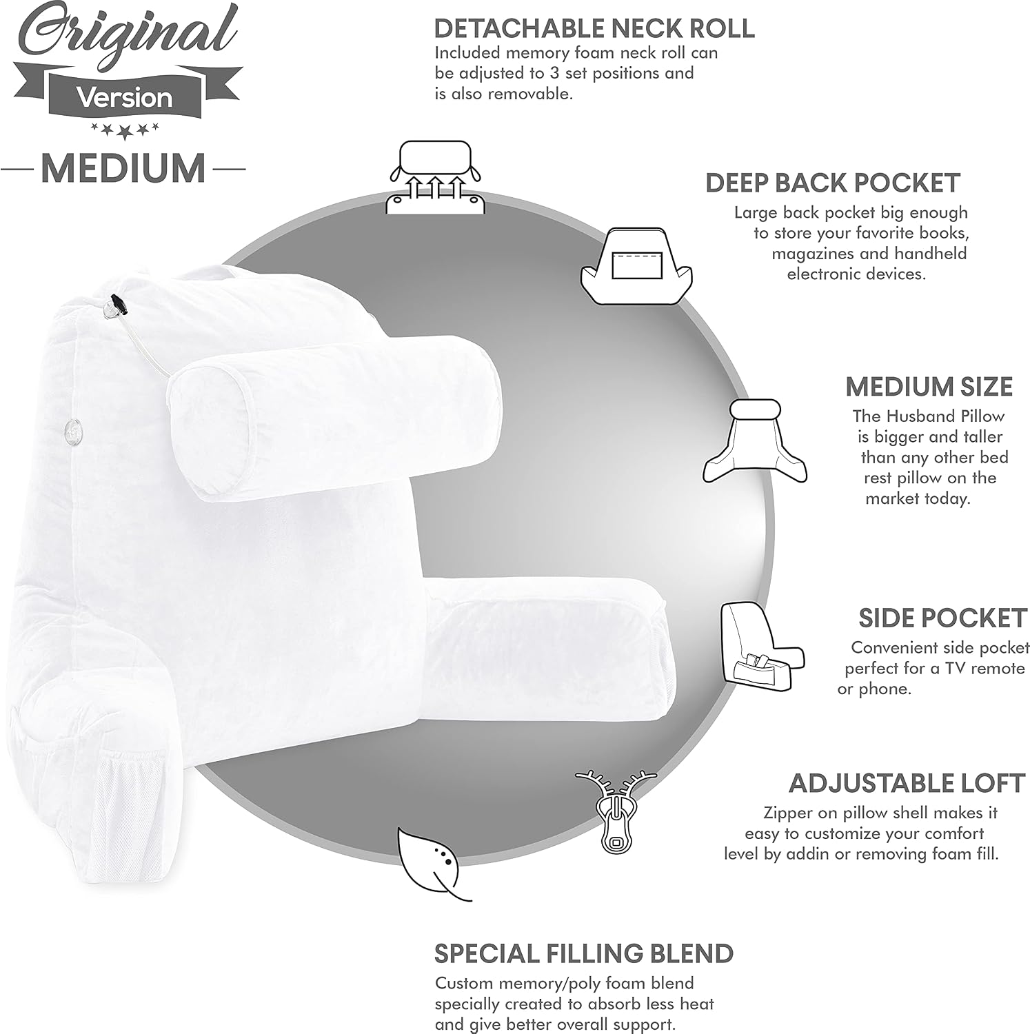 Husband Pillow Medium Reading Pillow with Arms - 23" Backrest for Sitting Up in Bed - Firm Support Bed Rest Pillow for Adults, Neck Roll…