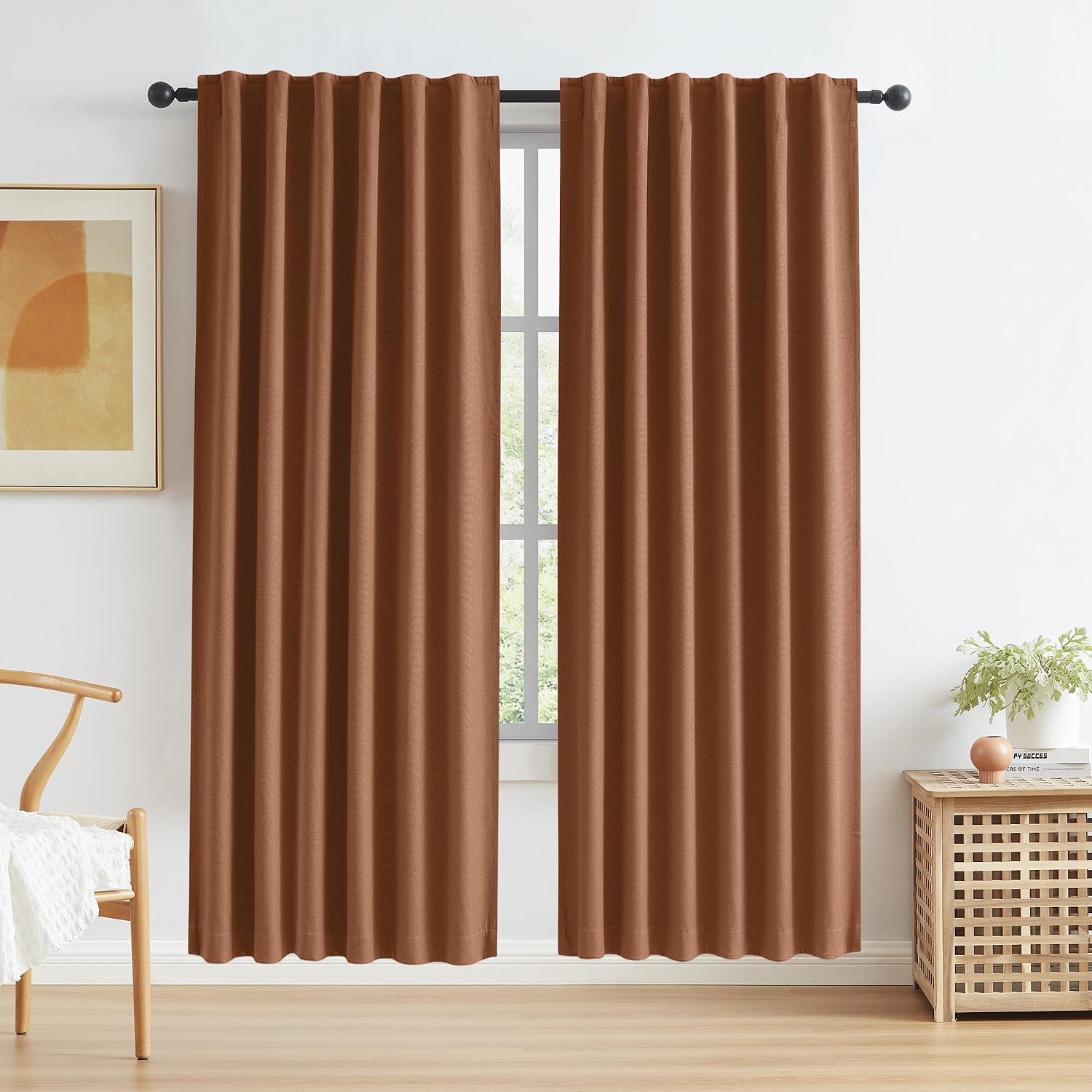 Keqiaosuocai 80 Inch Rust Terracotta Blackout Curtains Linen for Bedroom 2 Panels Set Fall Decor Back Tab Pocket Hook Belt Brick Rust Boho…
