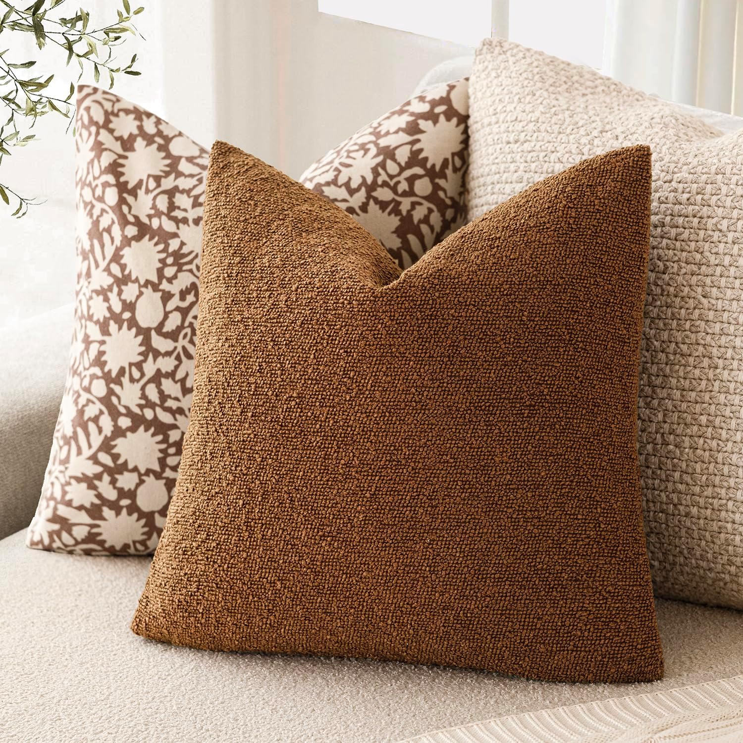 Foindtower Decorative Textured Boucle Throw Pillow Covers Accent Solid Pillow Cases Neutral Soft Cozy Couch Cushion Case for Chair Sofa…
