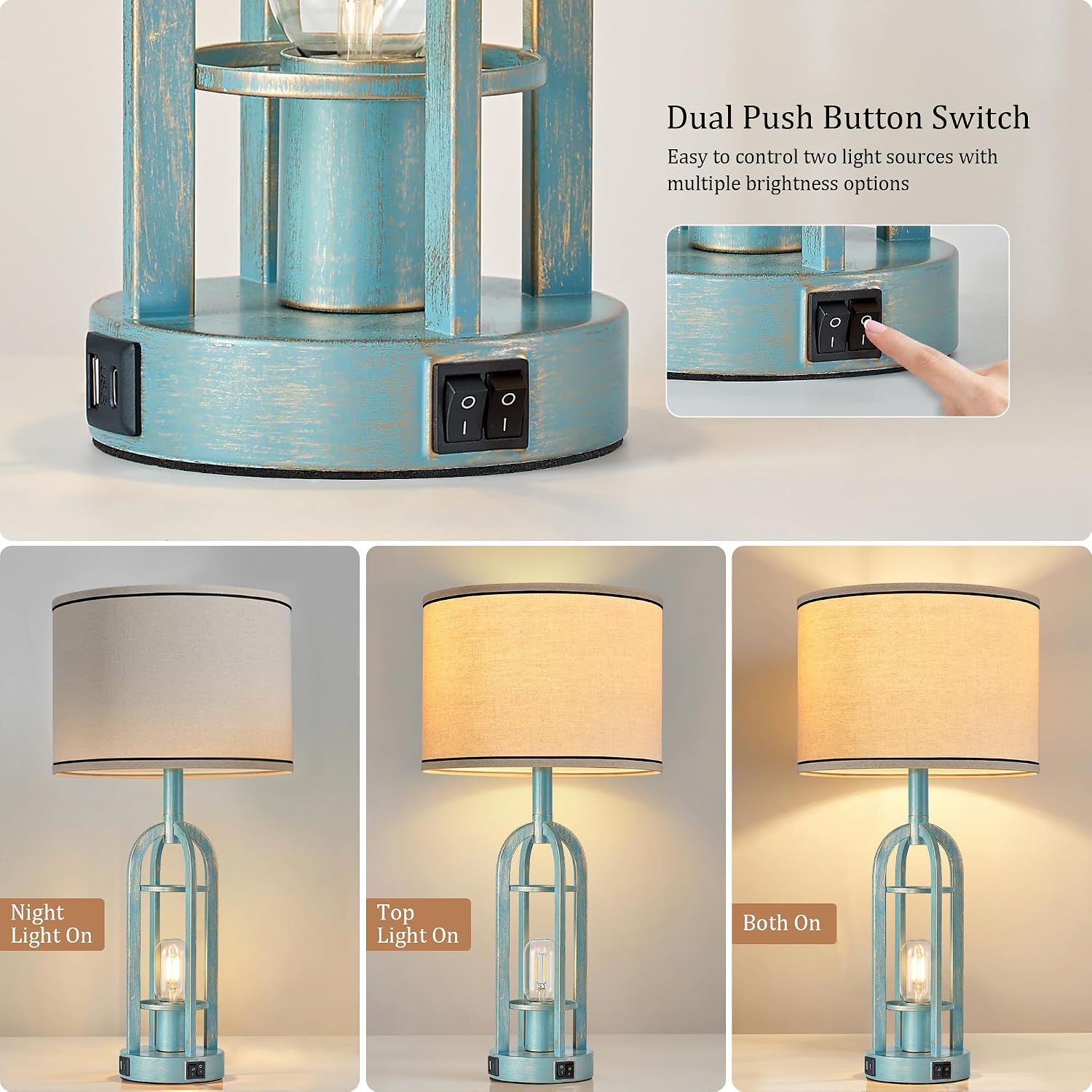 SRJJA Table Lamps for Living Room Set of 2 - Modern Farmhouse Lamps for Night Stands with Night Light & USB A+C, 24" Vintage Bedside Lamp…