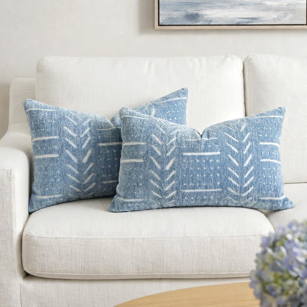 BlissBlush Coastal Blue Decorative Lumbar Pillow Covers 12x20 Set of 2, Soft Woven Chenille Accent Pillow Covers for Couch Sofa Bed…