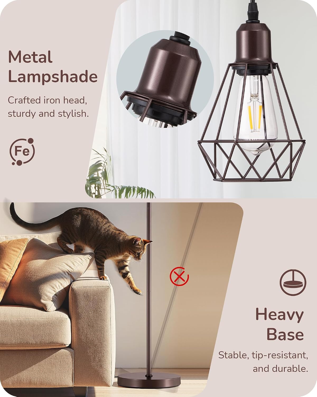 Edishine 70IN Industrial Floor Lamps for Living Room, Dimmable Farmhouse Corner Reading Lamp, Diamond-Shaped Lampshade, 3 LED Edison Bulbs…