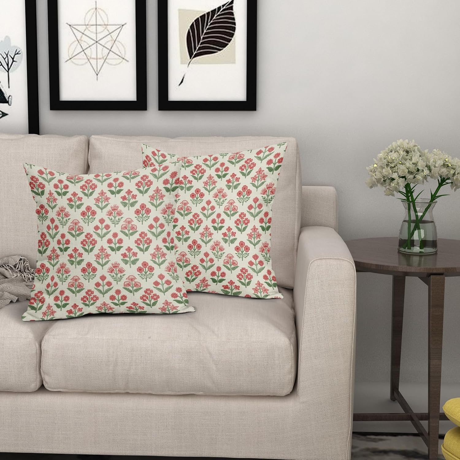 Red Green Christmas Floral Block Print Pillow Covers 18x18 Inch Set of 2, Vintage Flower Pattern Decorative Throw Pillowcases Outdoor…