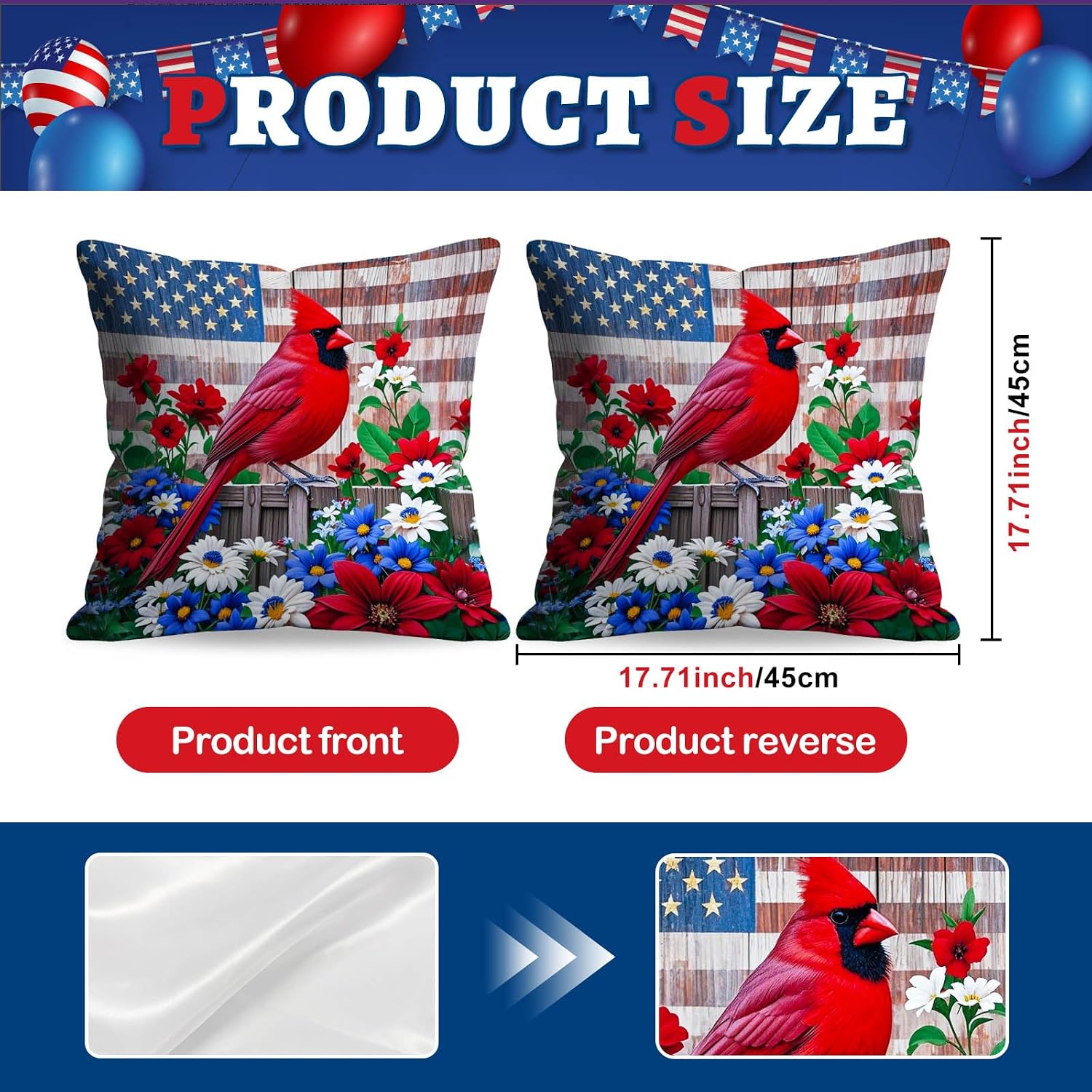 BlissYard Patriotic Cardinal Pillow Covers 18x18 Set of 2 American Flag Throw Pillow Covers 4th of July Decorative Pillow Covers Satin…
