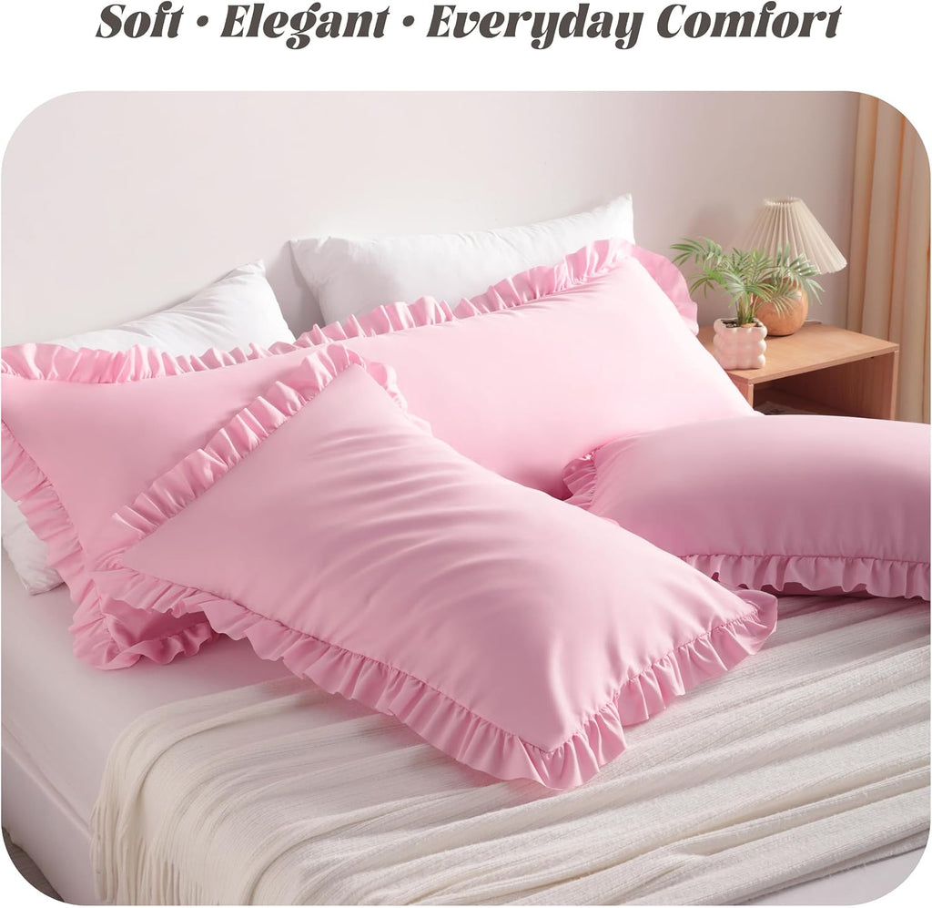 Bedsum Ruffled Pillow Shams Queen 20x30 Set of 2, Brushed Microfiber Pillowcases with Envelope Closure, Soft Wrinkle-Resistant, Pink Pink