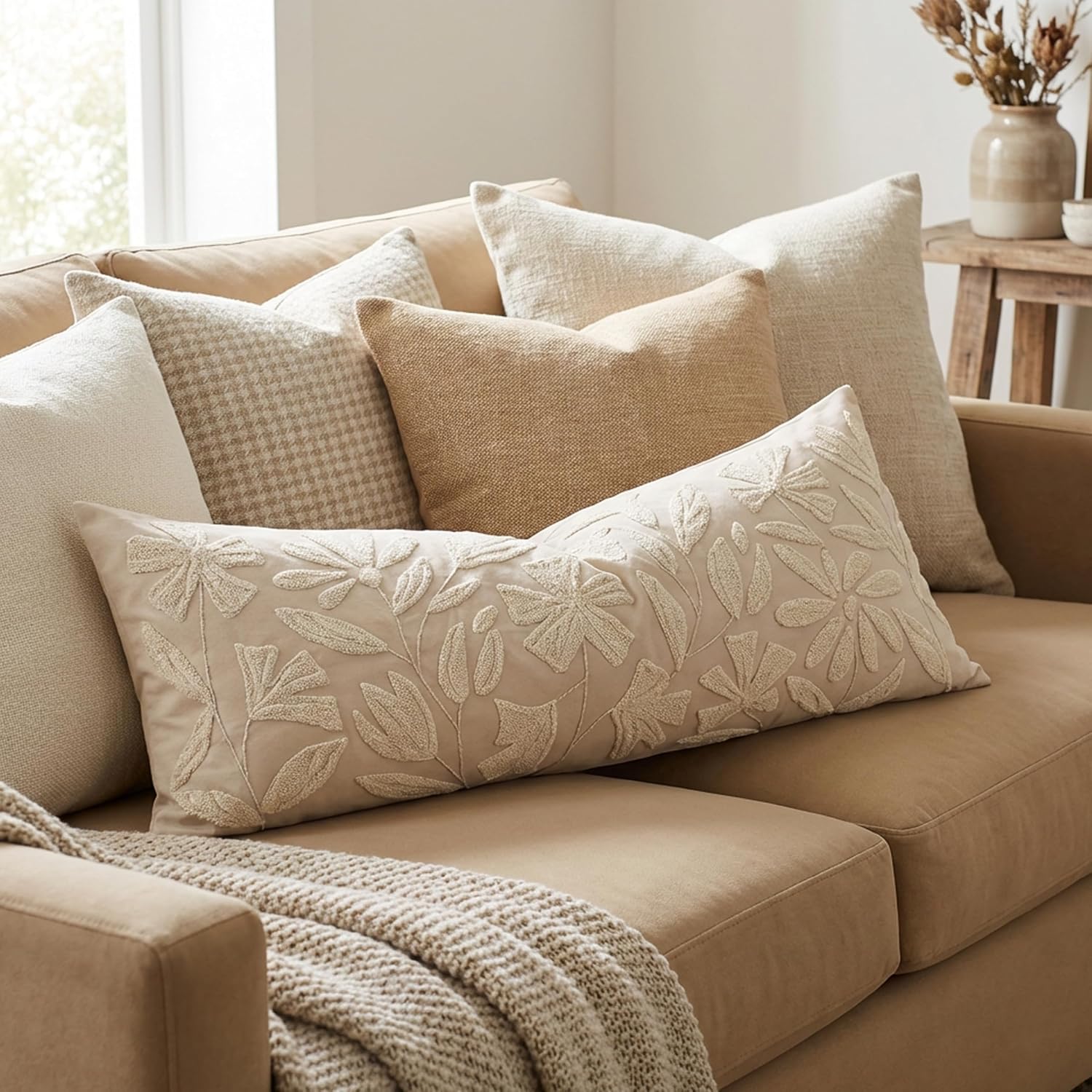 BlissBlush 14x36 Lumbar Pillow Cover for Bed, Rectangular Decorative Long Throw Pillowcase, Embroidered Farmhouse Accent Cushion, Beige…