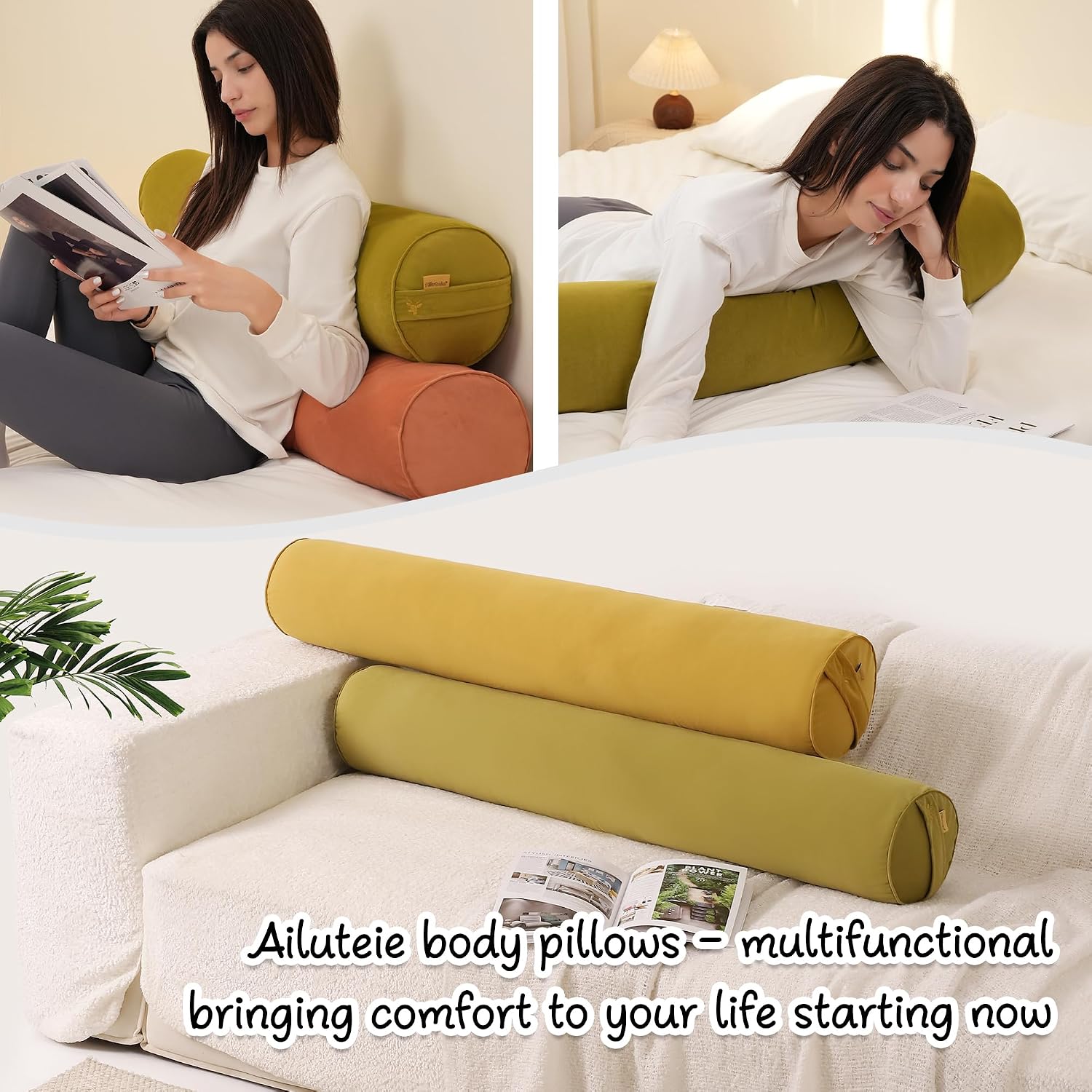Body Pillow for Adults, Long Round Pillow, Big Cylindrical Pillow, Large Full Bolster Pillows for Side Sleepers (Golden Yellow, 47.24"*7.87")