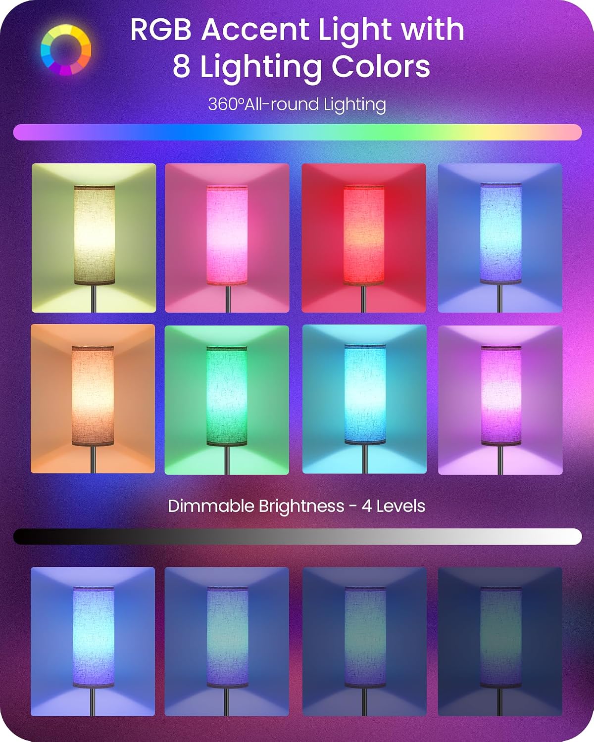 Dimmable Floor Lamp for Living Room with RGB Colors, Color Changing Ambient Lighting, Corner Standing Lamp for Bedroom - Remote, Foot…