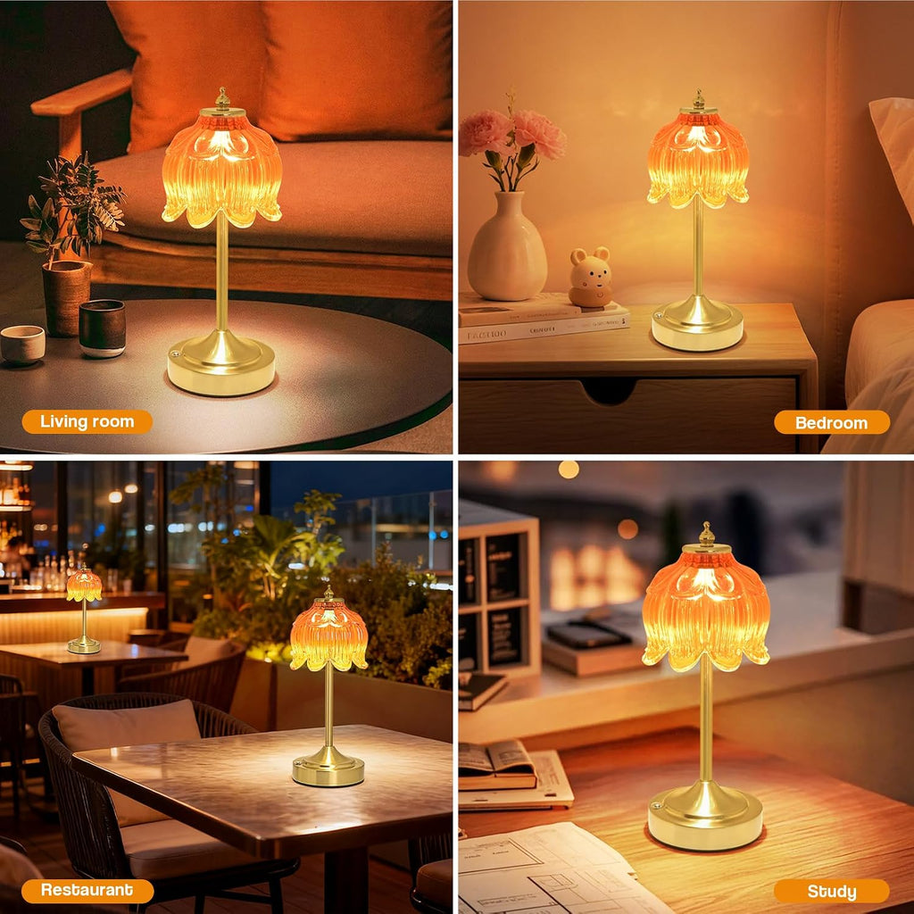 Crkwos Cordless Lotus Flower Table Lamp, 5200mAh Rechargeable Battery Operated Portable Lamp, 3-Color Dimmable Touch Control Small D…