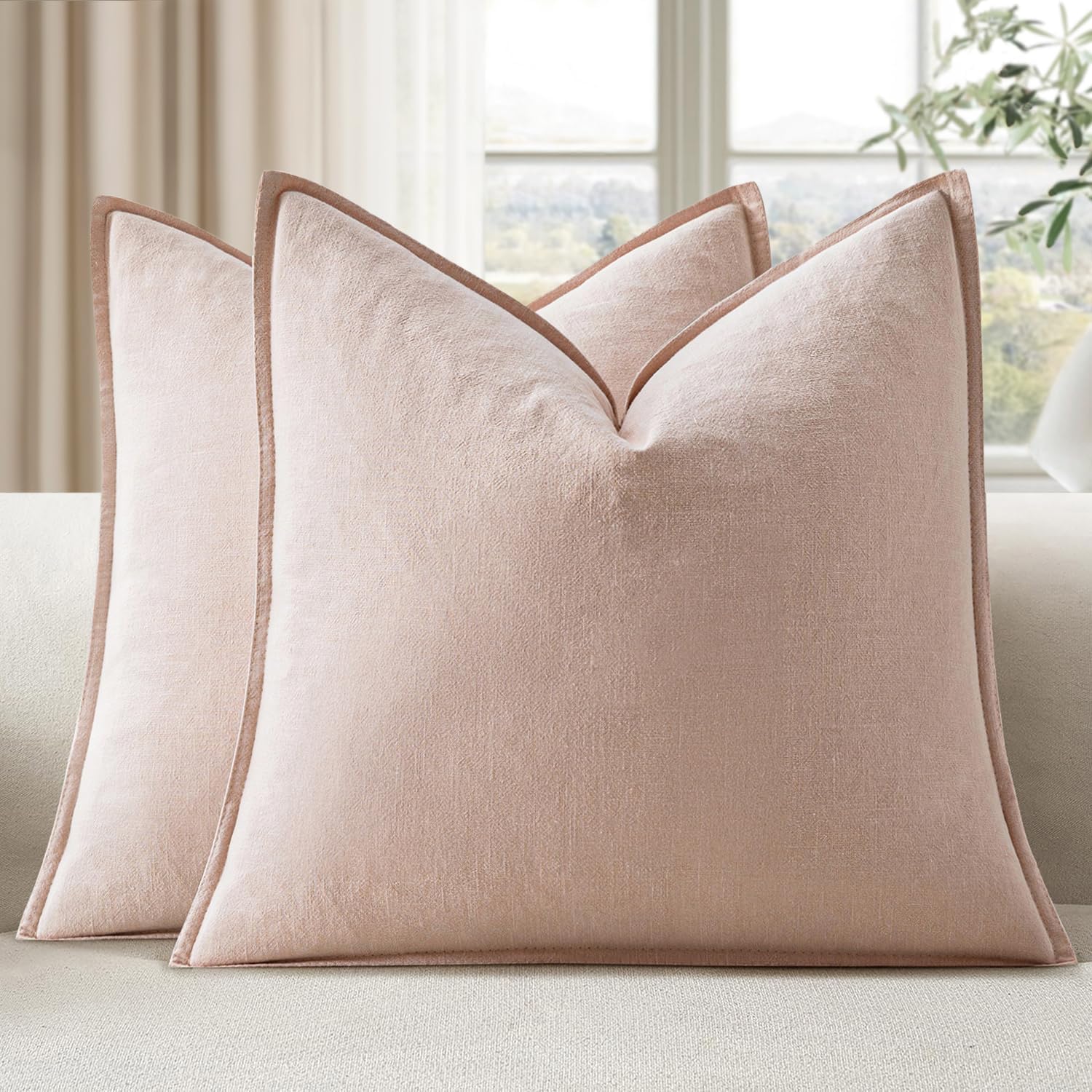 EMEMA Throw Pillow Covers Decorative Linen Pillow Covers 18x18 Inch Pink Boho Farmhouse Neutral Couch Throw Pillows for Bed Pack of 2…