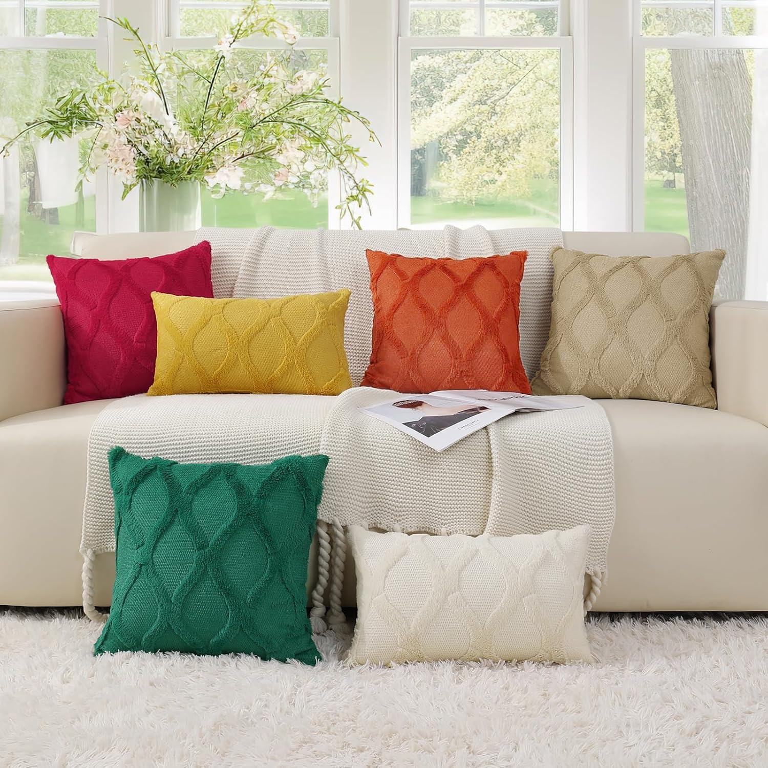 decorUhome Summer Throw Pillow Covers 20x20 Inch Set of 2, Soft Plush Faux Fur Wool Rust Accent Couch Pillow Covers for Modern Farmhouse Be…