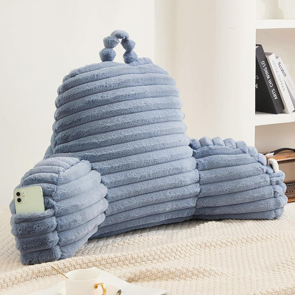 Memfydu Faux Fur Fluffy Dusty Blue Reading Pillow with Pockets, Luxury Striped Plush Decorative, Arm Rests and Back Support for Bed Rest, L…
