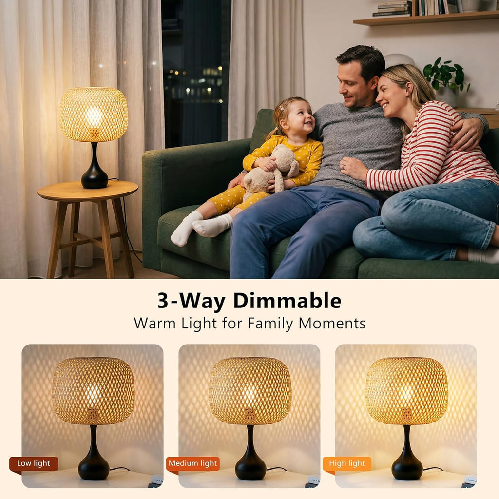 ONEWISH Touch Bedside Lamp for Bedroom, 3-Way Dimmable Table Lamps for Nightstand, Handwoven Bamboo Shade Desk Lamp for Living Room, Home…
