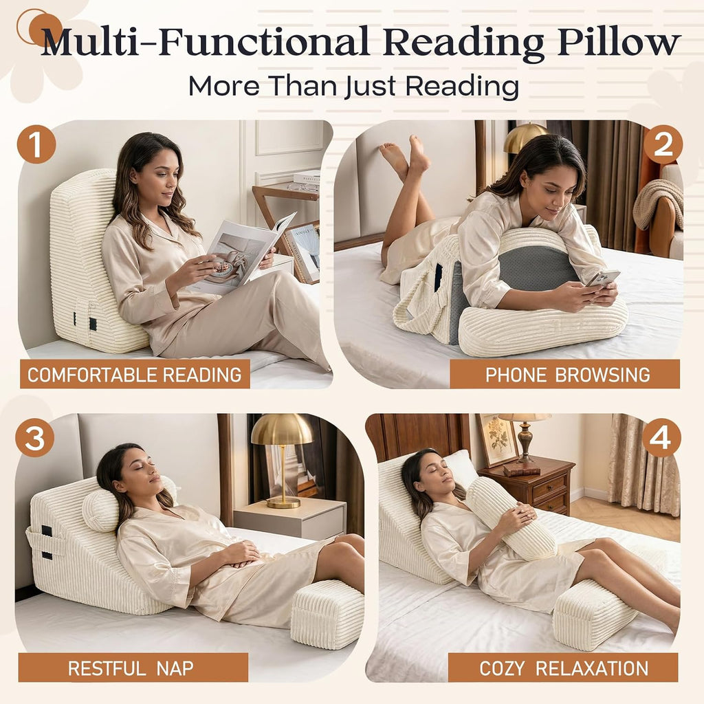 Reading Pillow/Backrest Pillow with Arms, Cup Holder & Phone Pocket - Bed Rest Pillow with Adjustable Headrest, Corduroy Fabric for Back…