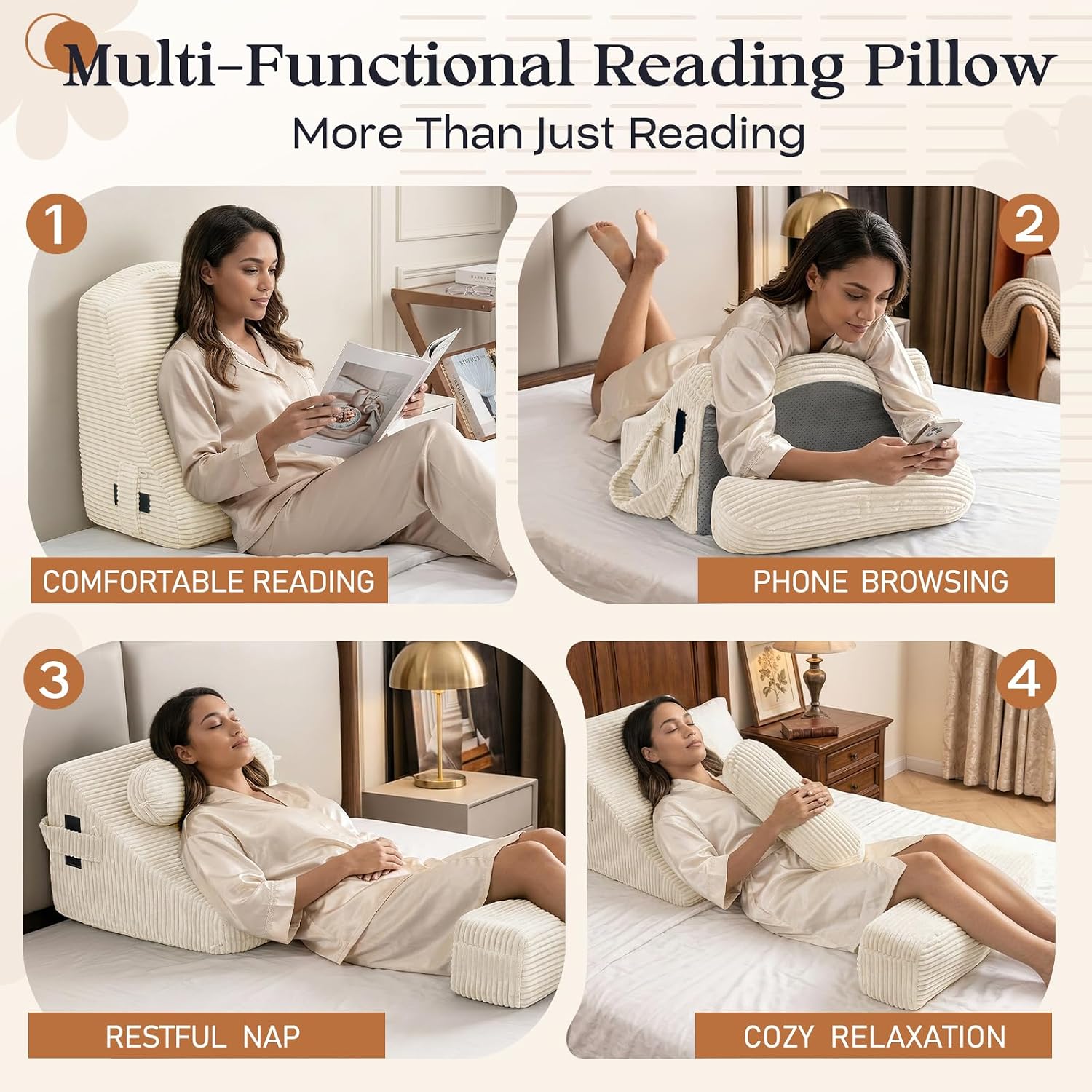 Reading Pillow/Backrest Pillow with Arms, Cup Holder & Phone Pocket - Bed Rest Pillow with Adjustable Headrest, Corduroy Fabric for Back…