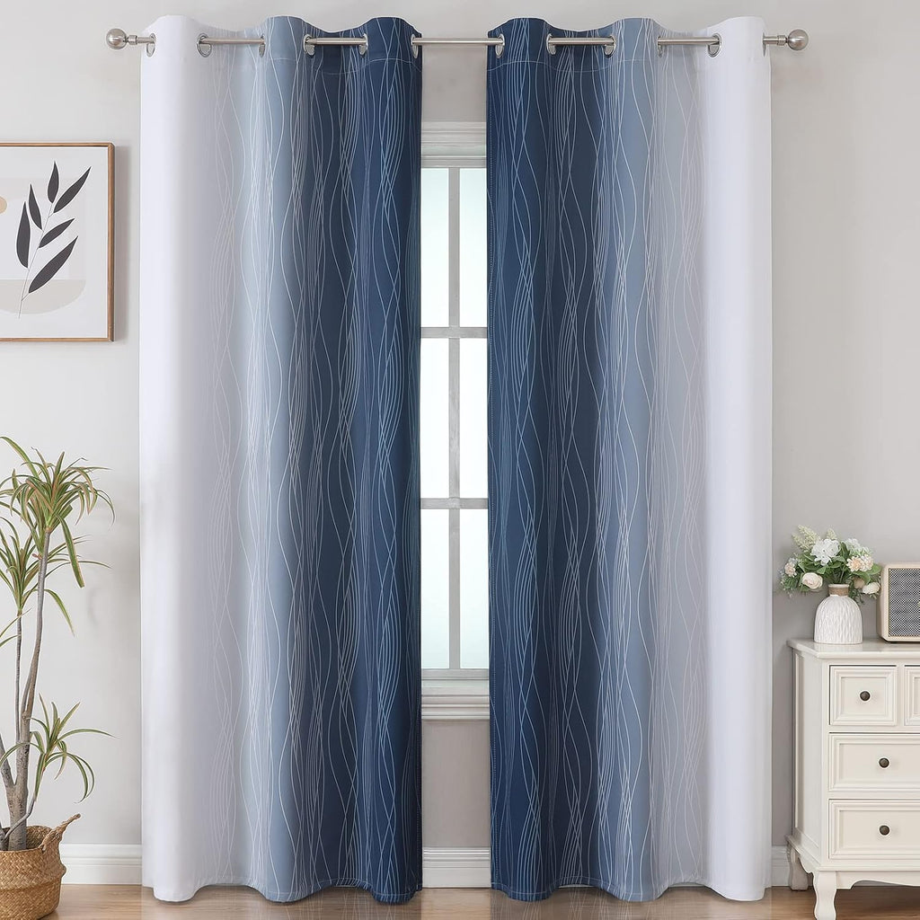 Estelartextiler Estelar Textiler Navy Blue and Greyish White Blackout Curtains 84 Inches Long, Full Room Darkening Grommet Curtains for Bed…