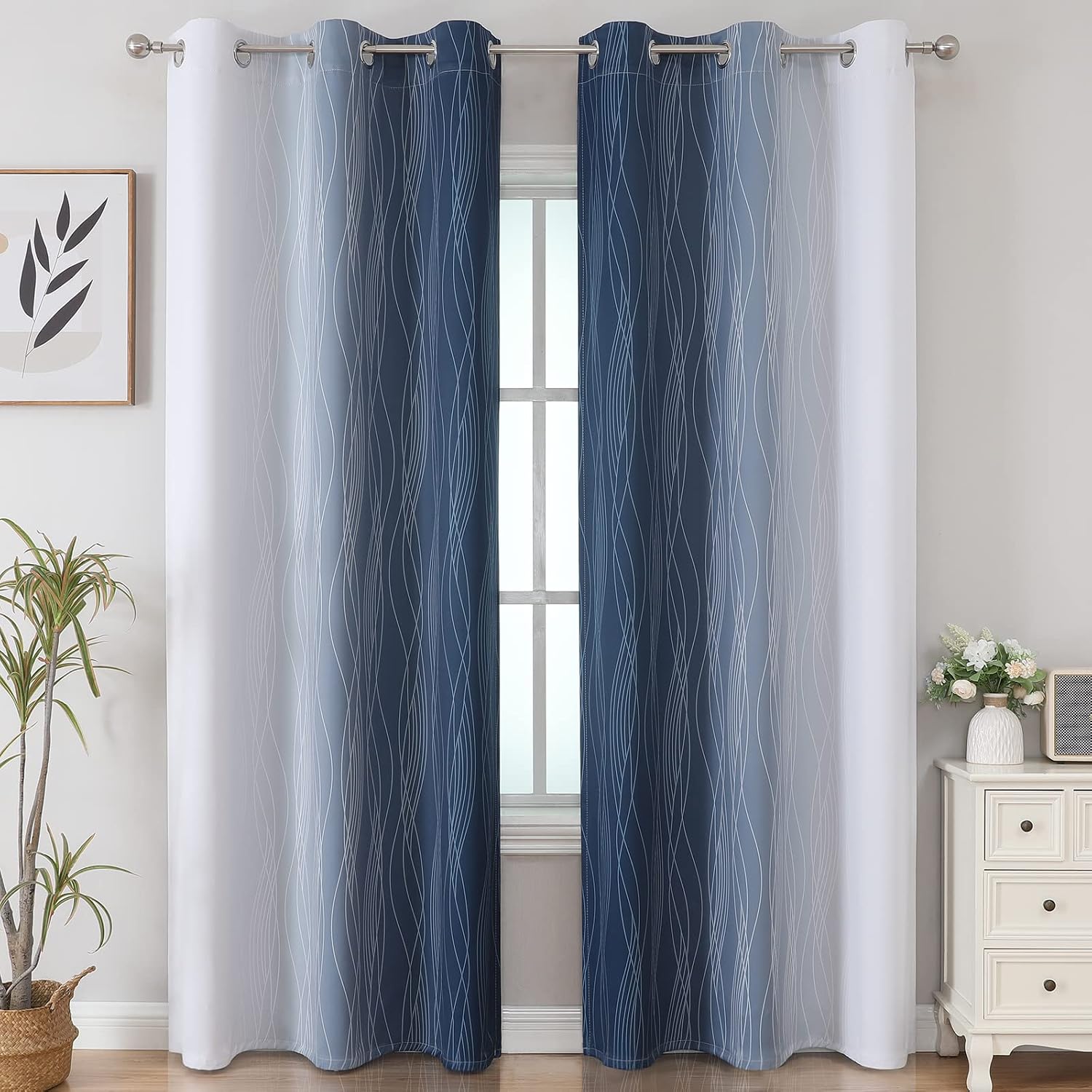 Estelartextiler Estelar Textiler Navy Blue and Greyish White Blackout Curtains 84 Inches Long, Full Room Darkening Grommet Curtains for Bed…