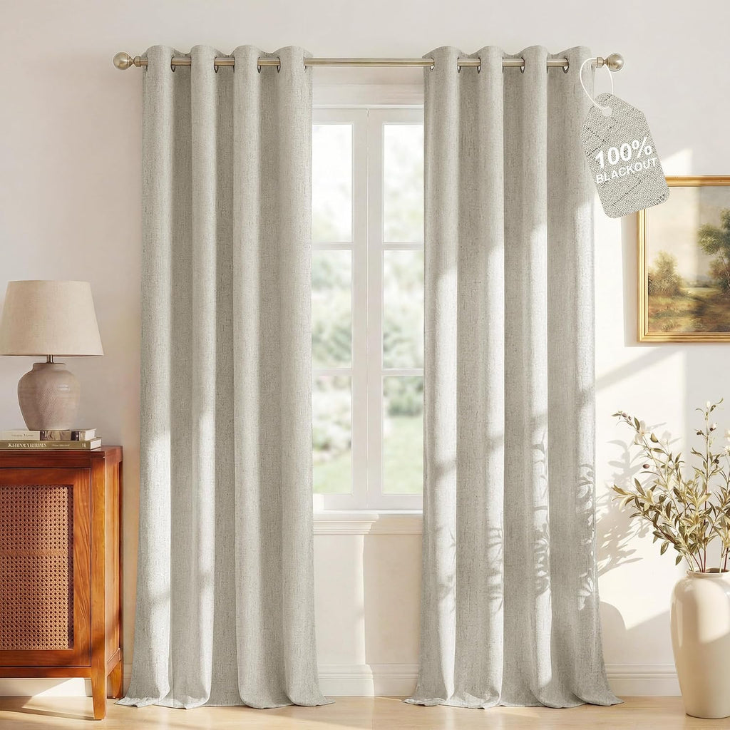 Nicetown 100% Blackout Ivory Linen Curtains for Bedroom, White Liner Composite Grommet Room Darkening Window Treatments Thermal Drapes for…