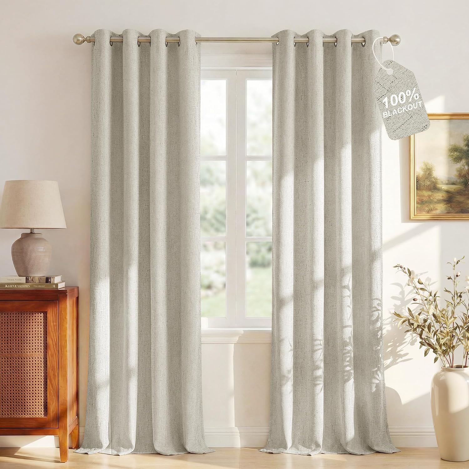 Nicetown 100% Blackout Ivory Linen Curtains for Bedroom, White Liner Composite Grommet Room Darkening Window Treatments Thermal Drapes for…