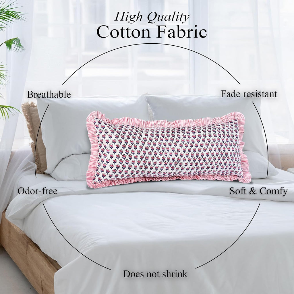 Cottonprintclub CPC Hand Block Print Pink Sapphire Ruffle Sham Pillow Cover 36" x 14" inch Hidden Zipper Decorative Pillowcase for Couch, B…