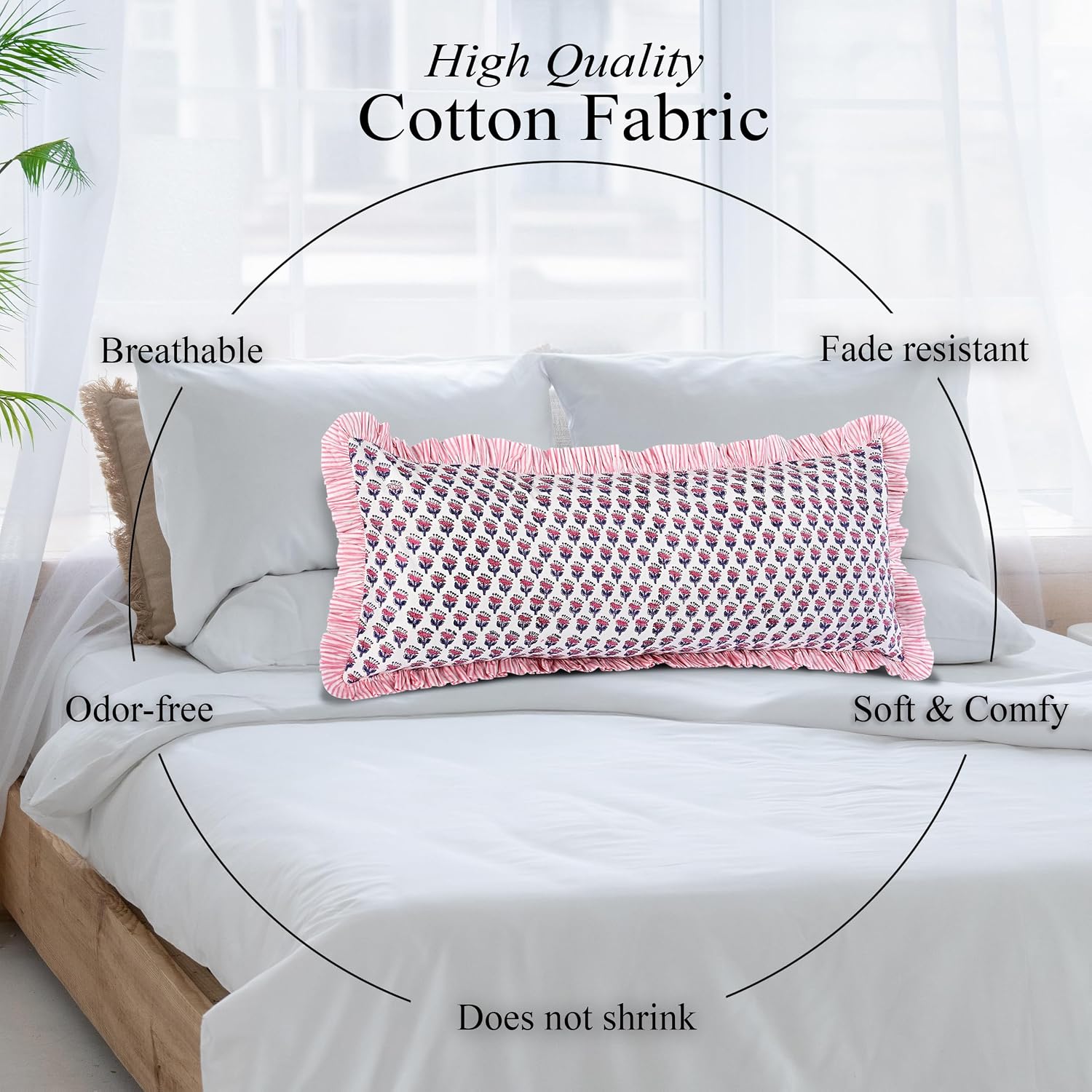 Cottonprintclub CPC Hand Block Print Pink Sapphire Ruffle Sham Pillow Cover 36" x 14" inch Hidden Zipper Decorative Pillowcase for Couch, B…