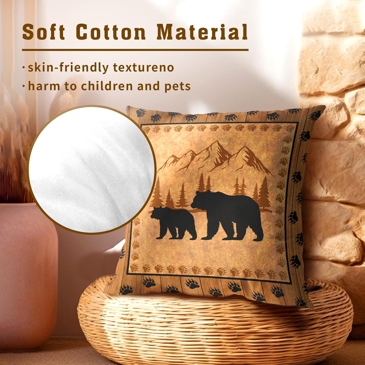 Bear Throw Pillow Covers 18x18 Inch Set of 2 Retro Brown Mountain Decorative Pillowcase Rustic Cabin Bear Hunting Animal Paw Prints…