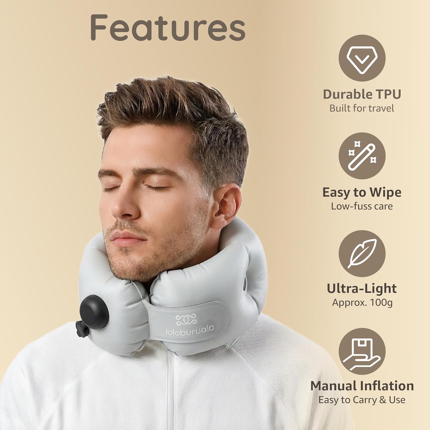 Inflatable Neck Pillow, Portable Travel Neck Pillow Airplane, Storable Gray Neck Pillows Travel with Washable Cover, Adjustable Air-Fill…