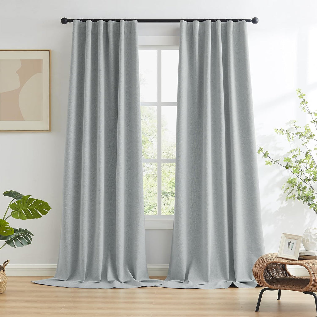 Keqiaosuocai Light Grey Linen Curtains for Patio 120 Inch Length, Sun Blocking Full Blackout Curtain Drapes for High Ceiling Sliding Glass…