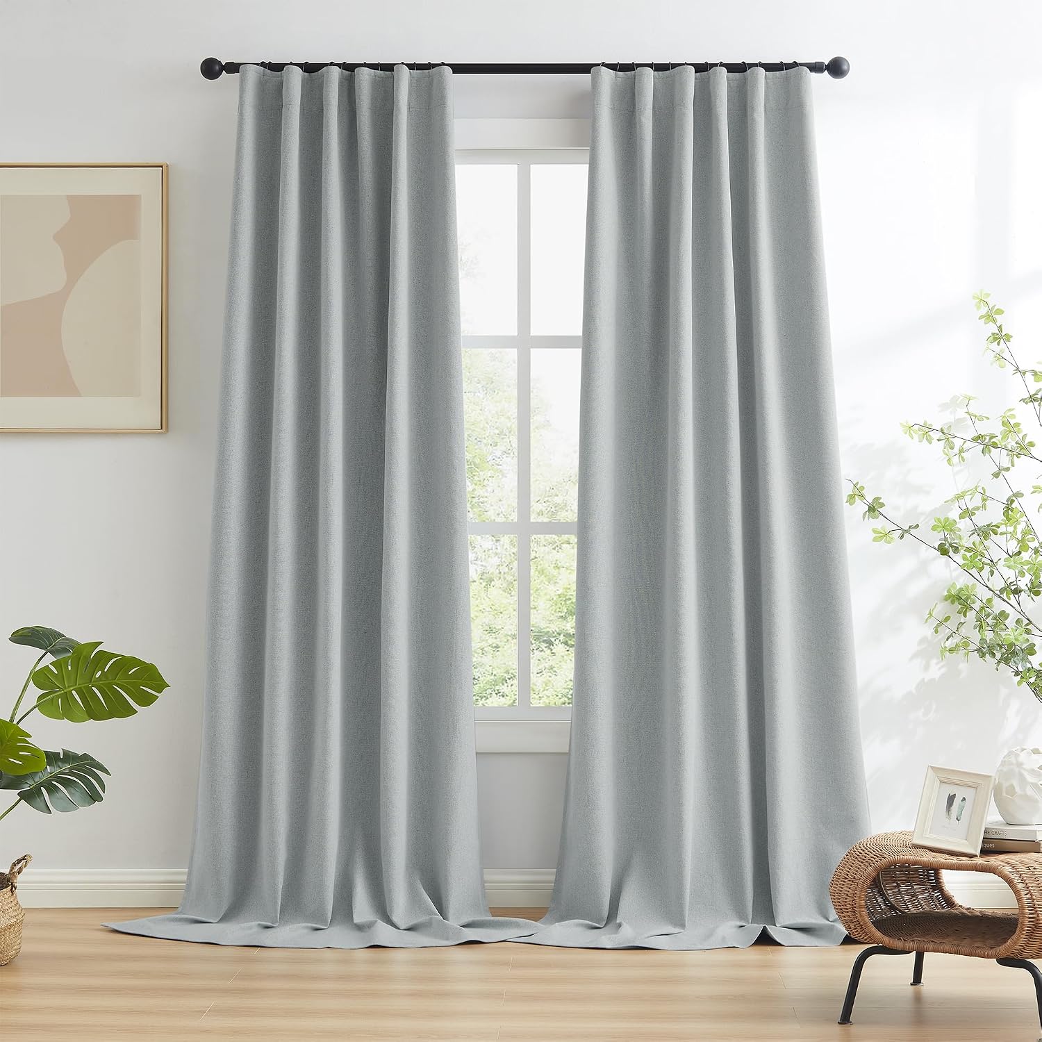 Keqiaosuocai Blackout Linen Curtains Grey, Full Shade Complete Light Blocking Drapes 90 Inches Long, Heat Saving Energy Efficient Sound Dea…