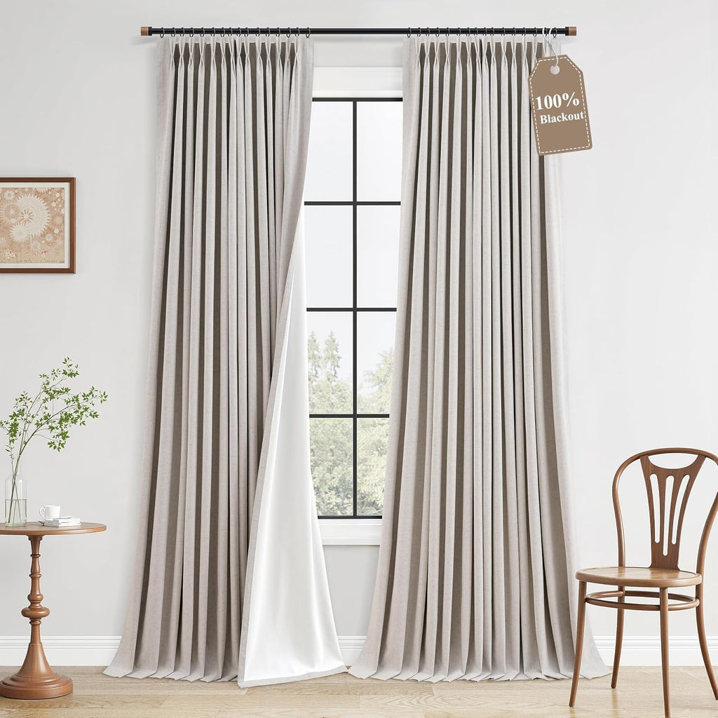 Boodii Beige 100% Blackout Linen Pinch Pleated Curtains 108 Inches Long 2 Panels Full Black Out Farmhouse Boho 9 Ft Thermal Insulated with…