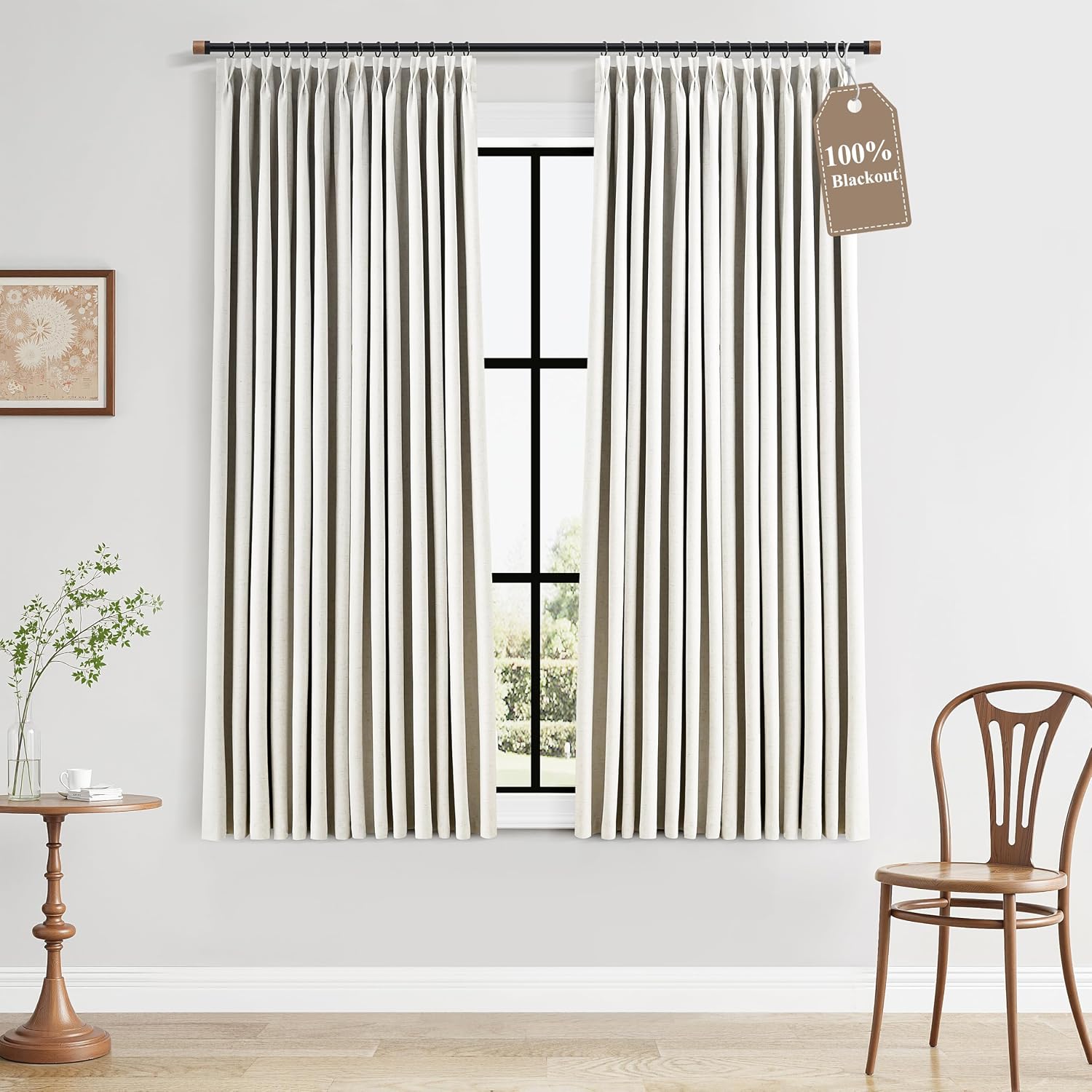 Boodii 100% Black Out Pinch Pleated Linen Curtains 63 Inch Length Beige Short Blackout Drapes Back Tab Farmhouse Boho Room Darkening Privac…