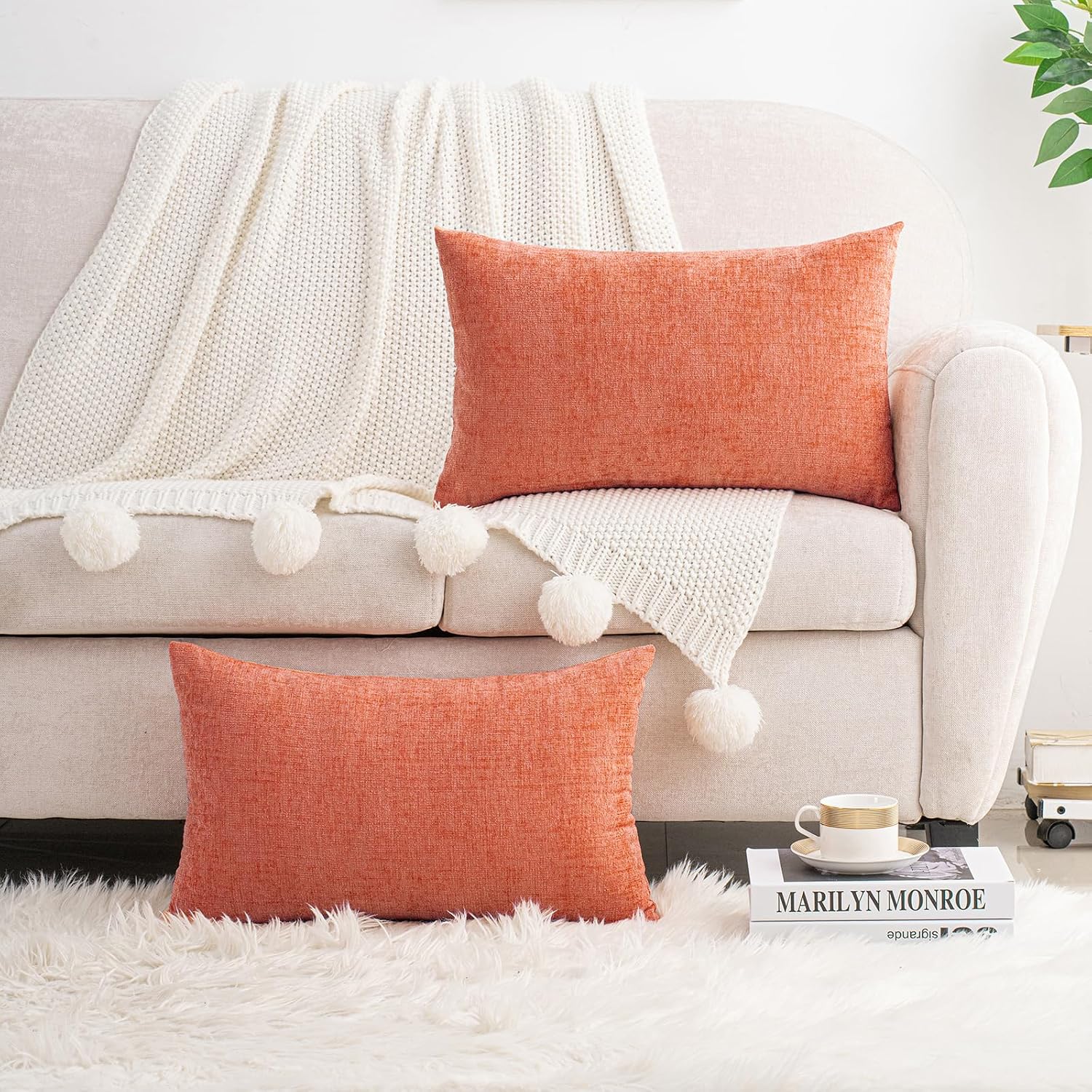 Hwy50 HWY 50 Coral Pink Lumbar Pillow Covers 12x20 Inch Pack of 2, Soft Chenille Decorative Throw Pillow Covers Farmhouse for Couch Sofa Li…