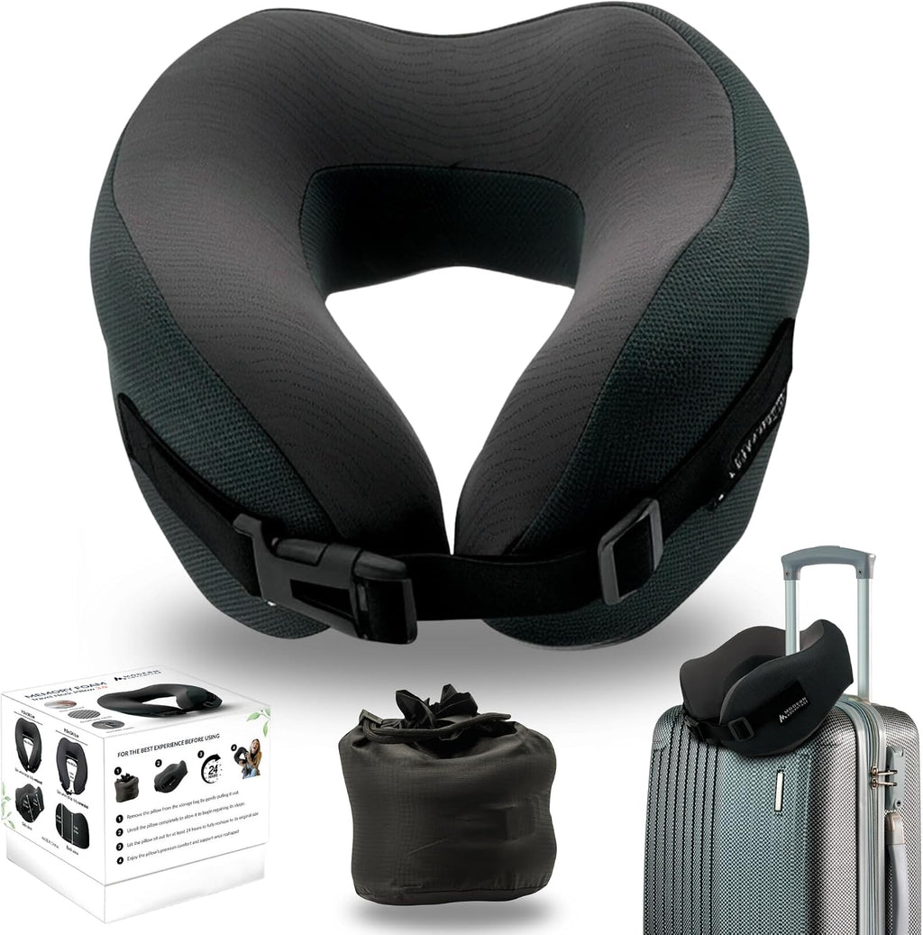 Modern Advantage Memory Foam Travel Neck Pillow for Airplanes – High Density Ergonomic Support, Adjustable Buckle Strap, Removable…