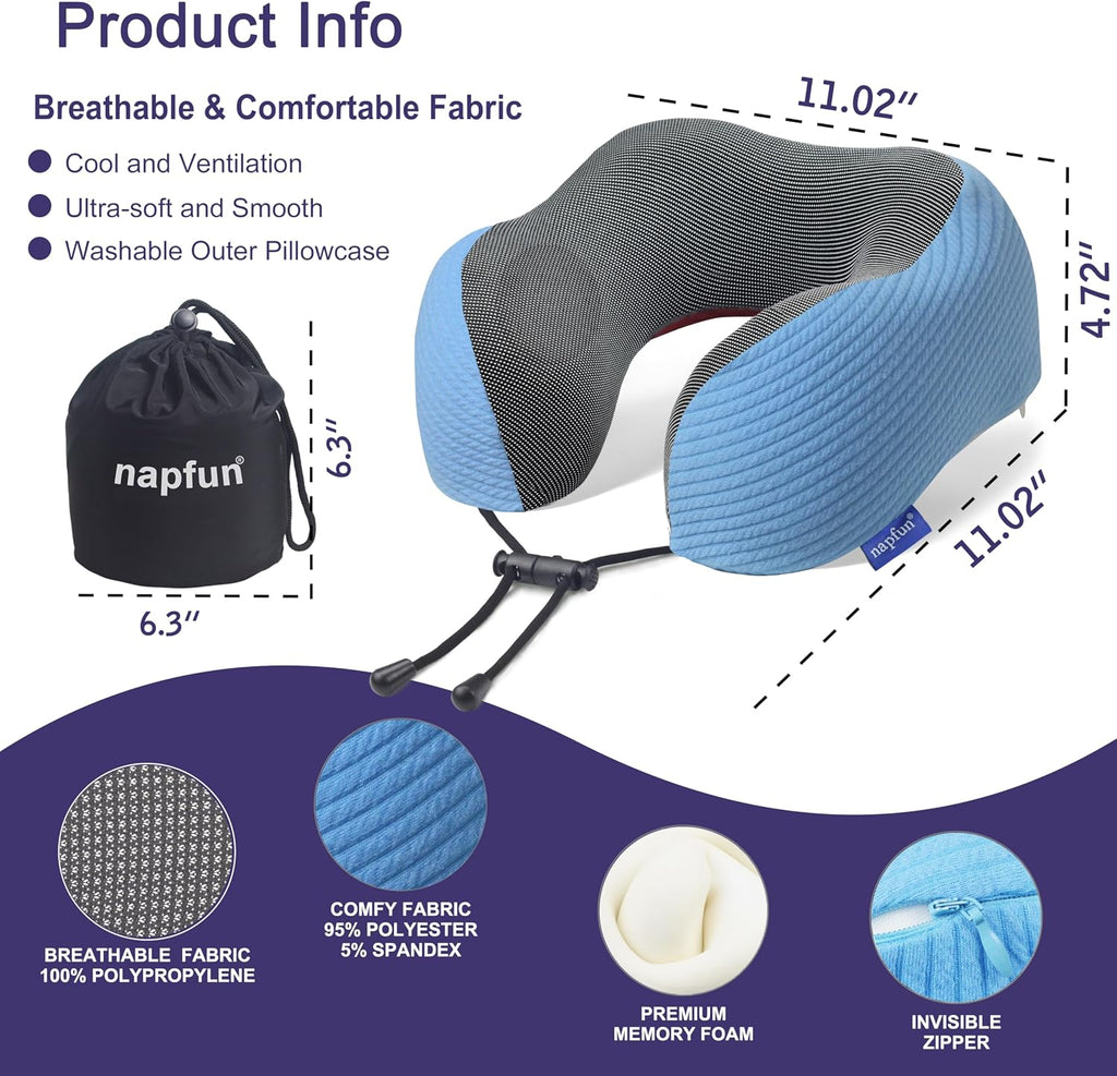 napfun Neck Pillow for Traveling, Upgraded Travel Neck Pillow for Airplane 100% Pure Memory Foam Travel Pillow for Flight Headrest Sleep…