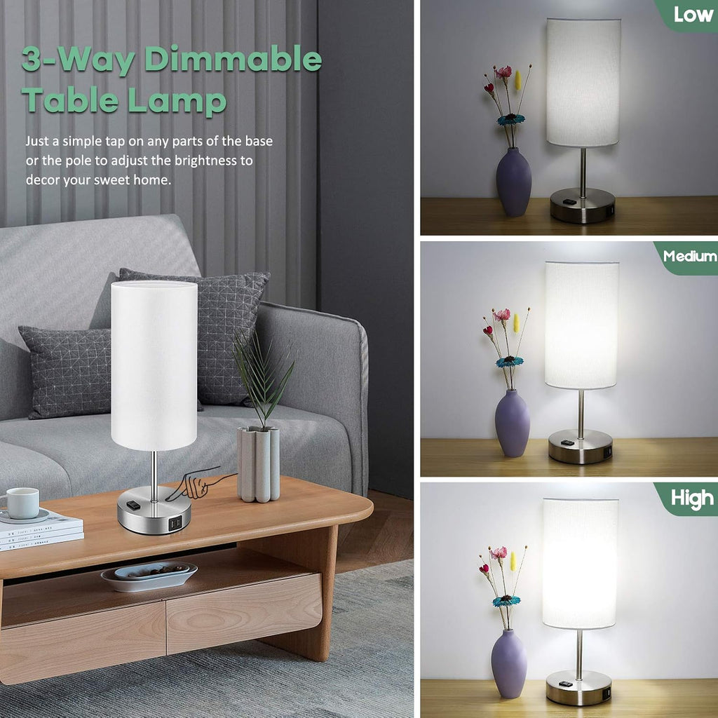 Brightever Set of 2 Touch Control Table Lamps with 2 USB Charging Ports&AC Outlet, 3-Way Dimmable Bedside Nightstand Lamps with White Fabri…
