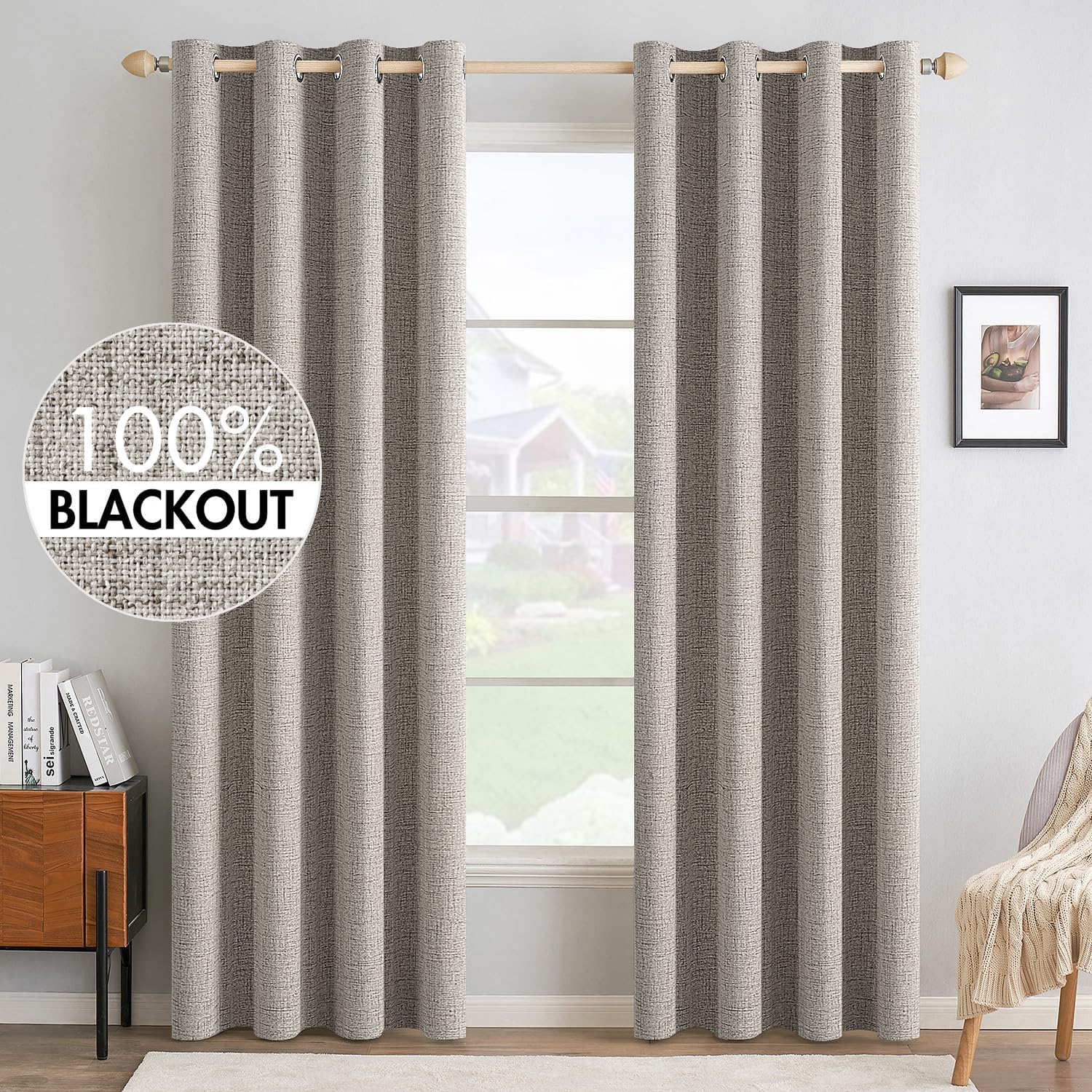 Miulee 100% Blackout Linen Textured Curtains for Bedroom Solid Thermal Insulated Warm Taupe Grommet Room Darkening Curtains & Drapes Luxury…