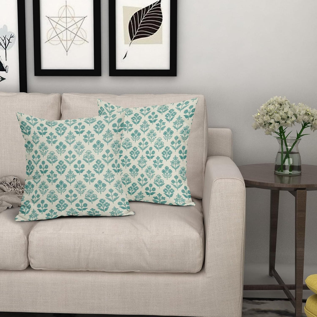 Teal Floral Pillow Covers 18x18 Inch Set of 2, Vintage Flower Block Print Pattern Decorative Throw Pillowcases Outdoor Farmhouse Cushion…