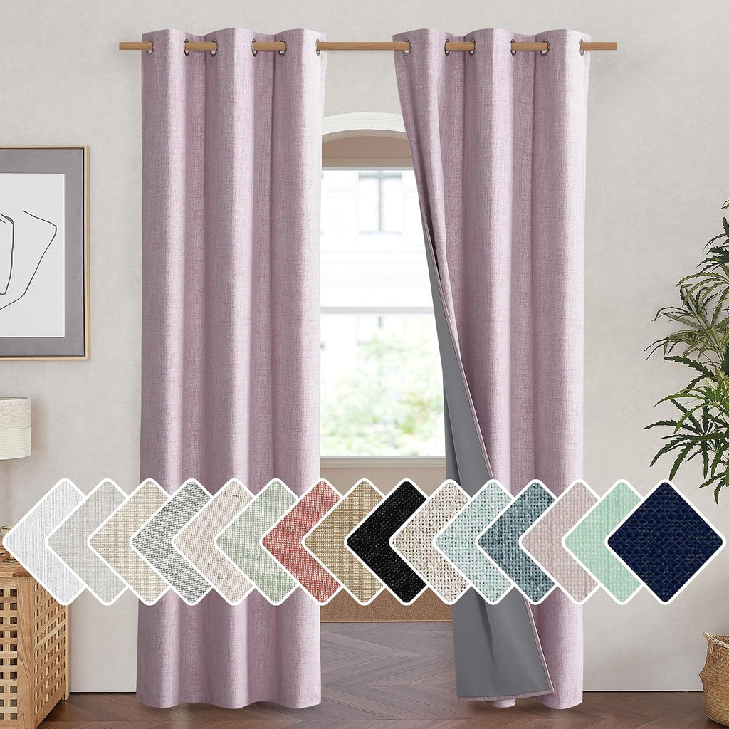 NICETOWN Pink Vintage Linen 100% Blackout Curtains for Living Room, Thermal Insulated Curtains 90" Long, Noise Reducing Window Treatment…