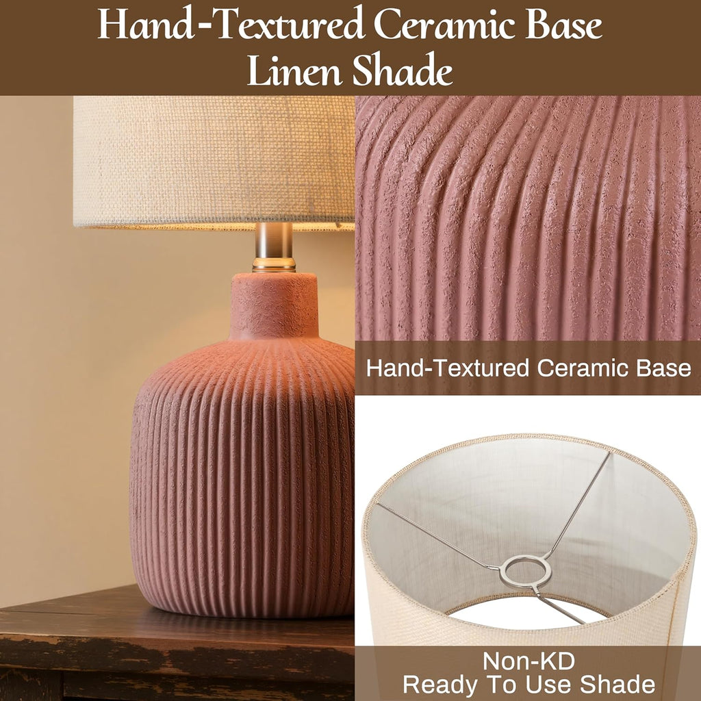Ceramic Table Lamp, 17.75" Rustic Farmhouse Bedside Lamp with Beige Linen Shade, Warm Ambient Nightstand Lighting for Bedroom or Living…