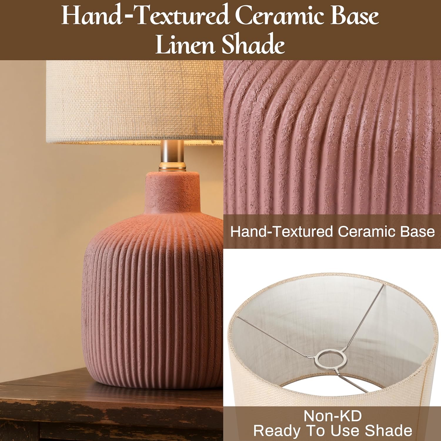 Ceramic Table Lamp, 17.75" Rustic Farmhouse Bedside Lamp with Beige Linen Shade, Warm Ambient Nightstand Lighting for Bedroom or Living…