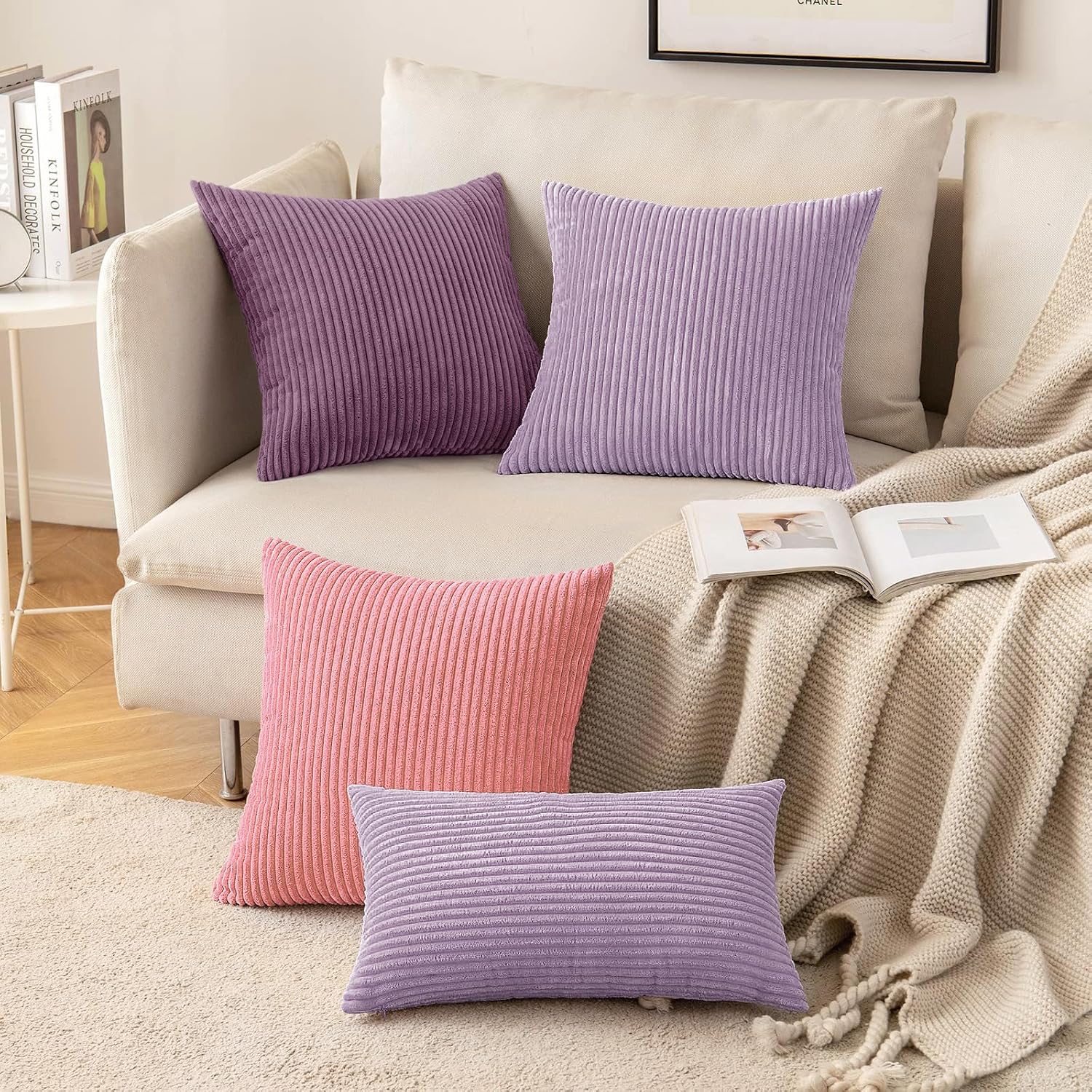 Miulee Pack of 2 Corduroy Pillow Covers Soft Solid Cushion Cases Decorative Boho Square Throw Pillow Covers Lavender Neutral Pillowcases fo…