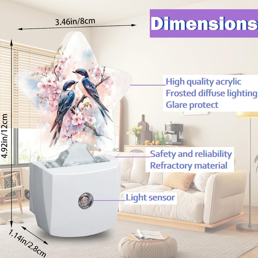 Spring Birds Night Lights Plug Into Wall, Pink Flowers Dusk to Dawn Light Sensor Night Light for Kids, Energy Efficient Sleep Friendly…