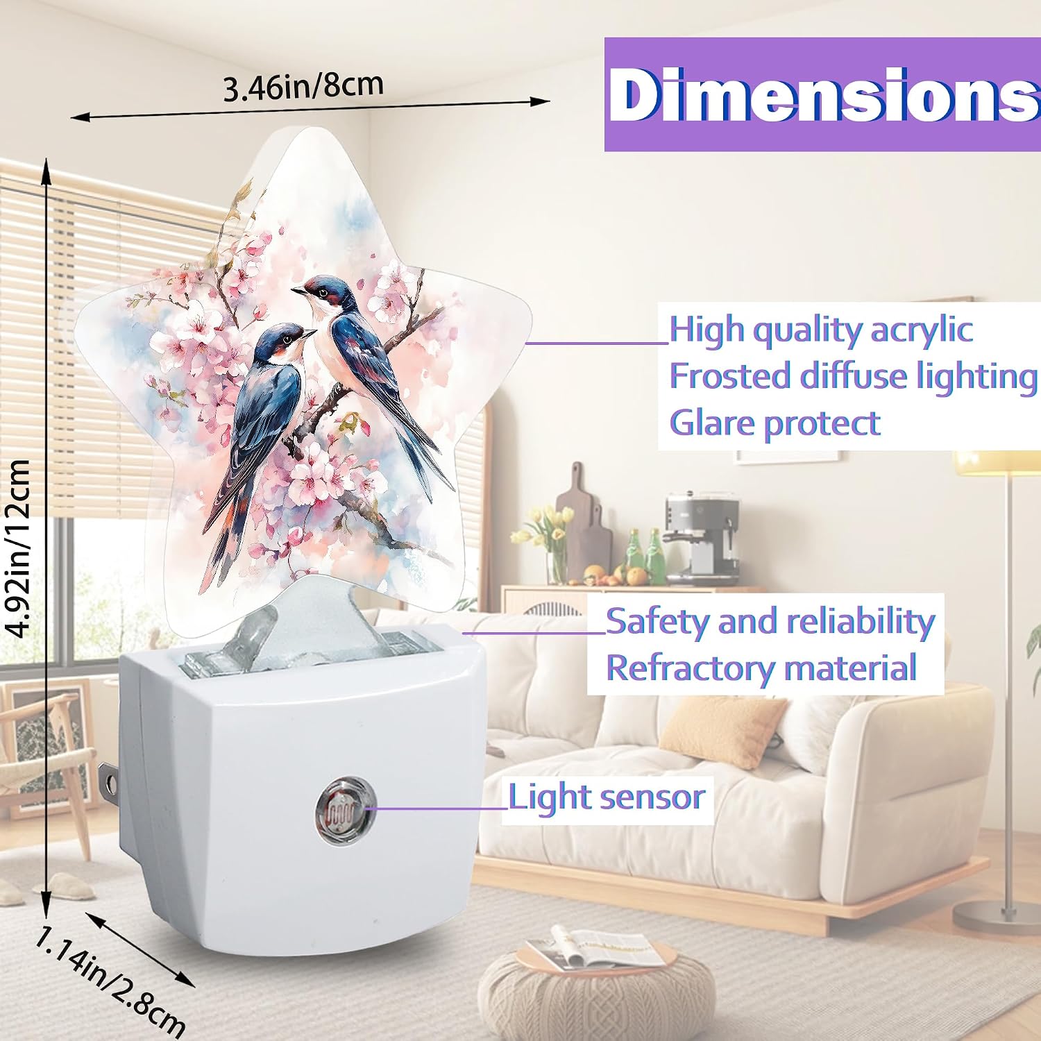 Spring Birds Night Lights Plug Into Wall, Pink Flowers Dusk to Dawn Light Sensor Night Light for Kids, Energy Efficient Sleep Friendly…