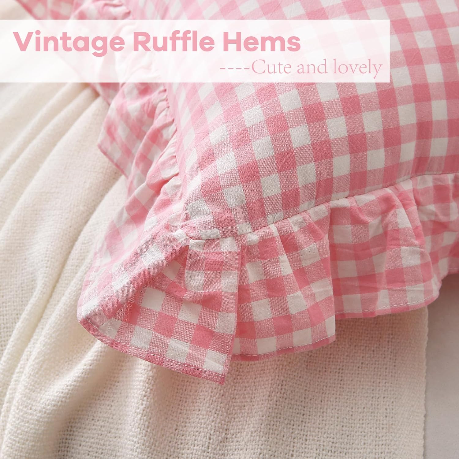 Kmasaniji 2 Pack Coral Pink White Plaid Ruffle Gingham Throw Pillow Covers, 100% Washed Cotton Checkered Coquette Decorative Pillow Shams f…