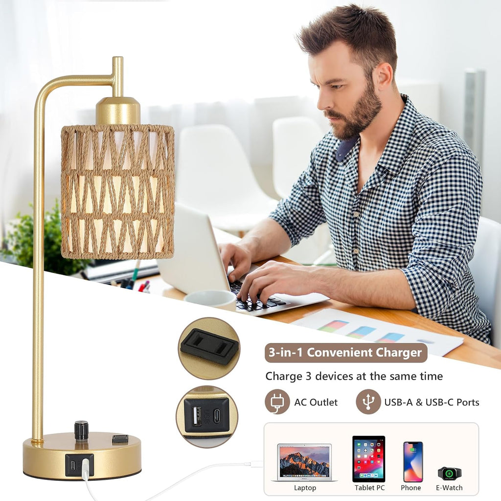Gold Lamp for Bedroom, Boho Rattan Table Lamps Set of 2 with LED Bulbs, Bedside Lamps for Night Stands with Wicker Shade, USB Port and…