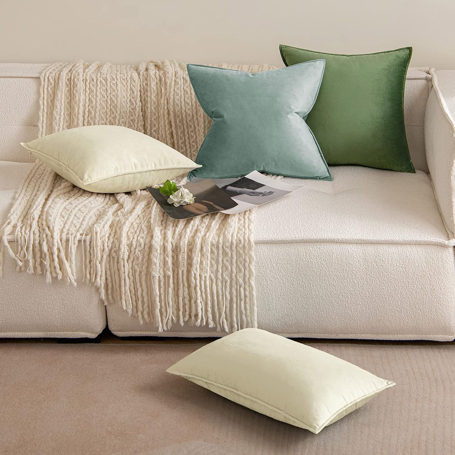 Miulee Moss Green Decorative Velvet Throw Pillow Covers Soft Pillow Covers Spring Soild Square Cushion Case for Spring Sofa Bedroom 18x18 I…