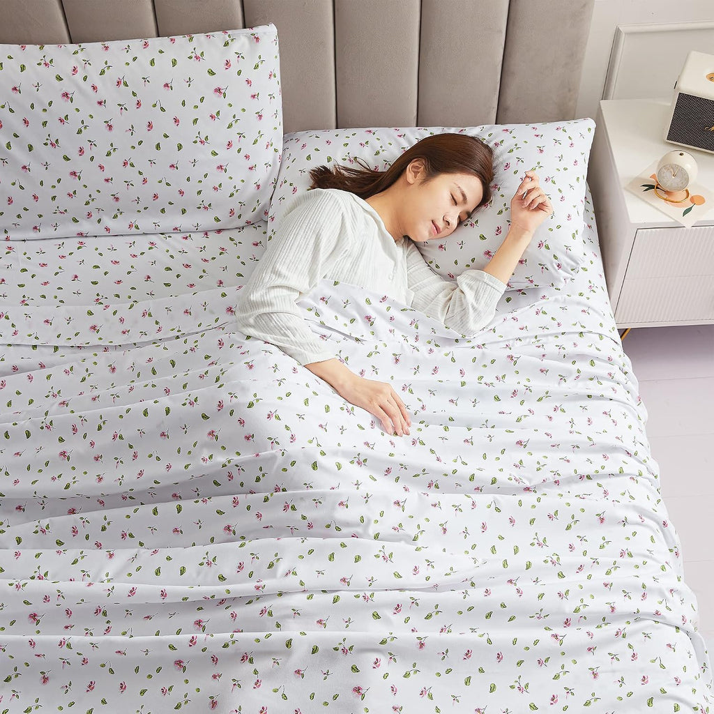 mooreeke Queen Sheets Set - 4 Pieces Soft Breathable Microfiber Bed Sheet Set - Pink Flower Green Leaf Pattern Sheet Set - Deep Pocket Non-…